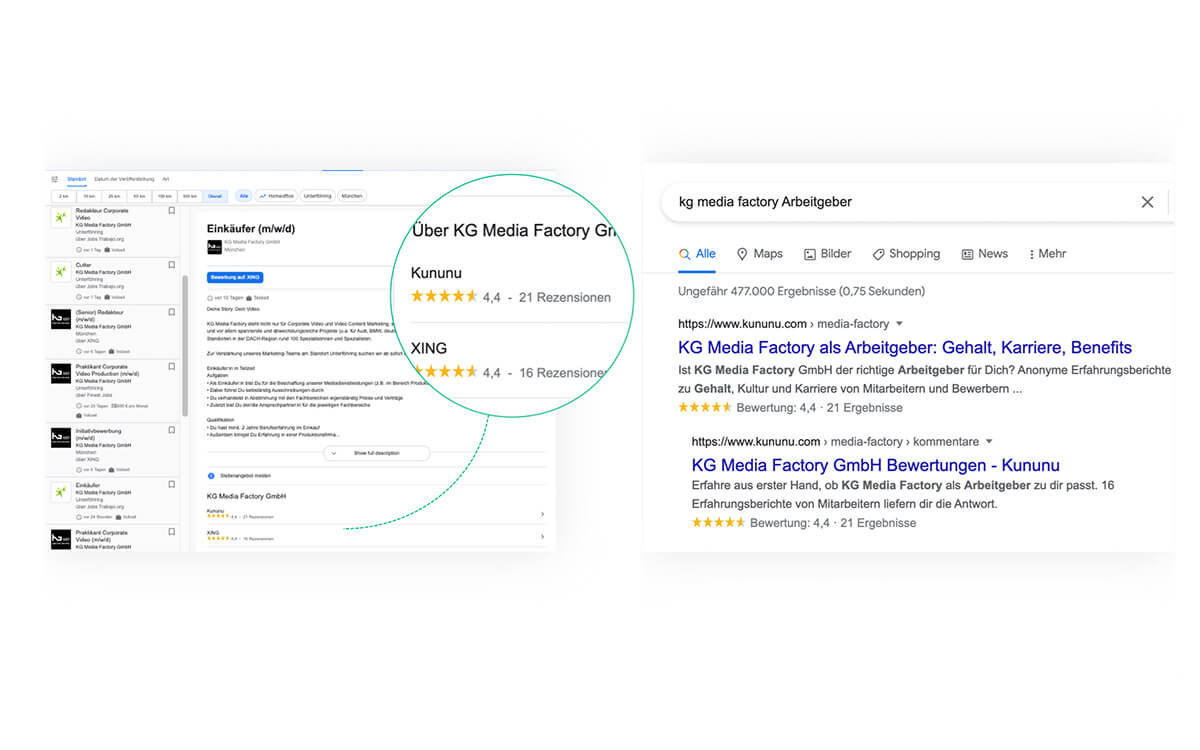 onlyfy Employer Branding Profil Optimale Reichweite, Anzeige der kununu Bewertung auf Google
