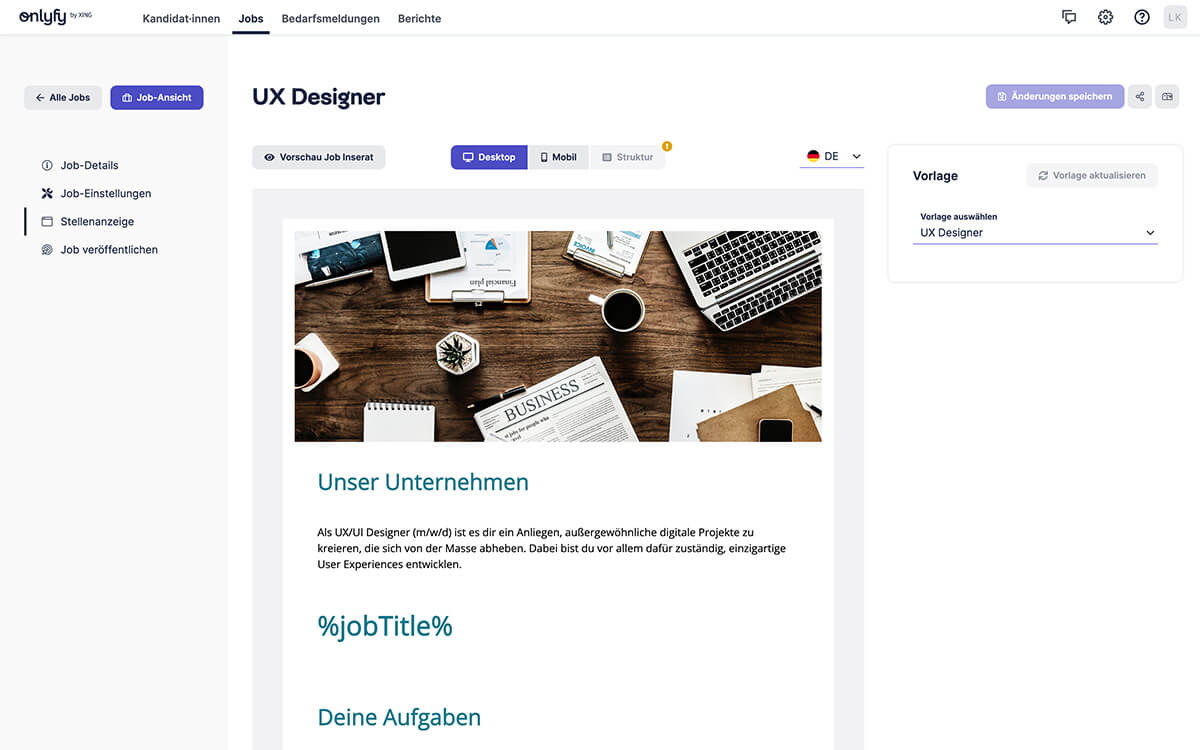 onlyfy one Vorschau für eine Jobanzeige als UX Designer